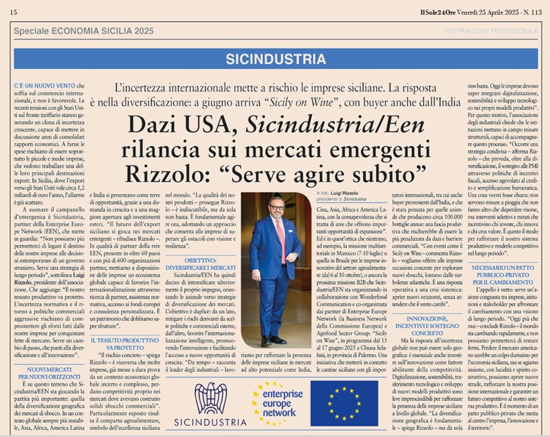 DAZI USA, SICINDUSTRIA/EEN RILANCIA SUI MERCATI EMERGENTI. RIZZOLO, SERVE AGIRE SUBITO - 25/04/2025